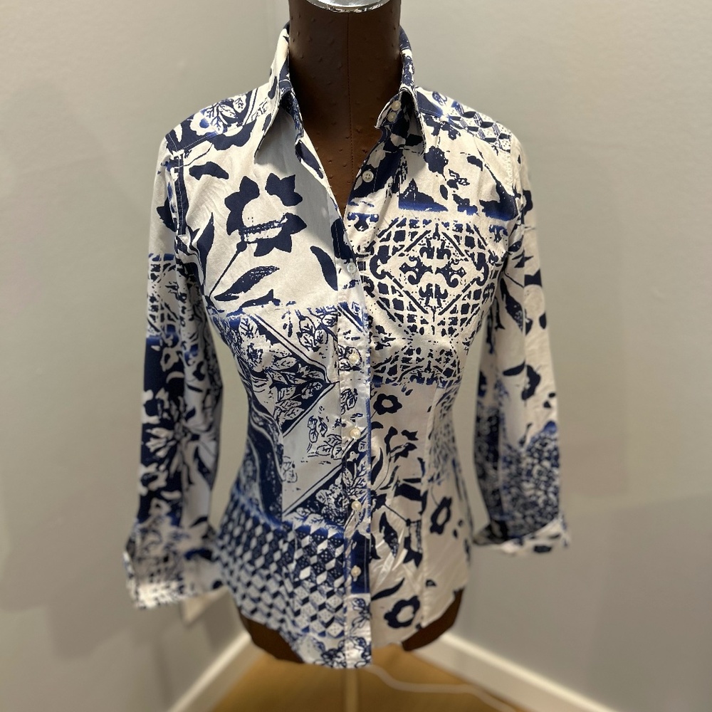Etro Percale Cotton Blouse White and Blue, size 42